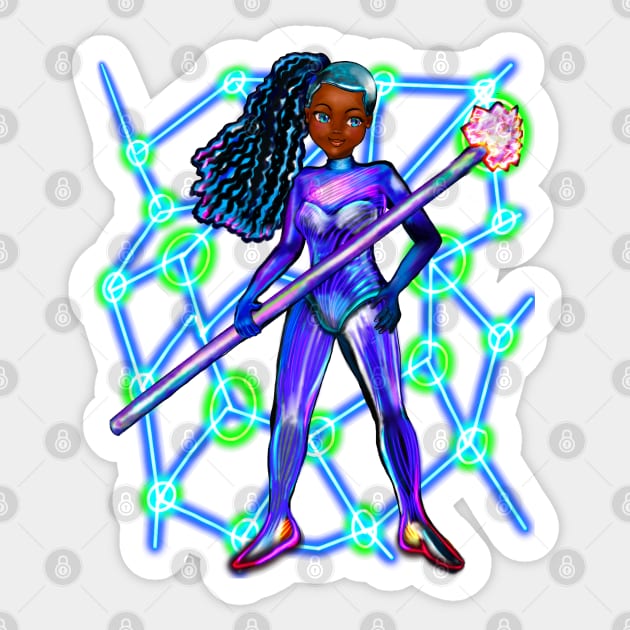 Black anime super hero girl from outer space with lights  ! beautiful  black girl with Afro hair, blue eyes, Cherry pink lips and dark brown skin. Hair love ! Sticker by Artonmytee